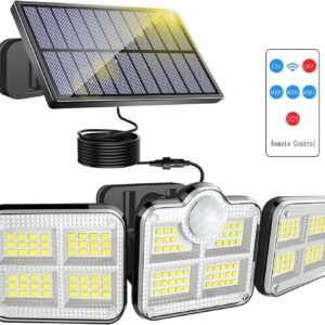 Solar Light Outdoors,3 Heads Solar Motion Sensor Lights with Remote Control,122 LED Solar Security Lights,IP65 Waterproof,270 Wide Angle,Security LED Flood Light with 3 Modes,