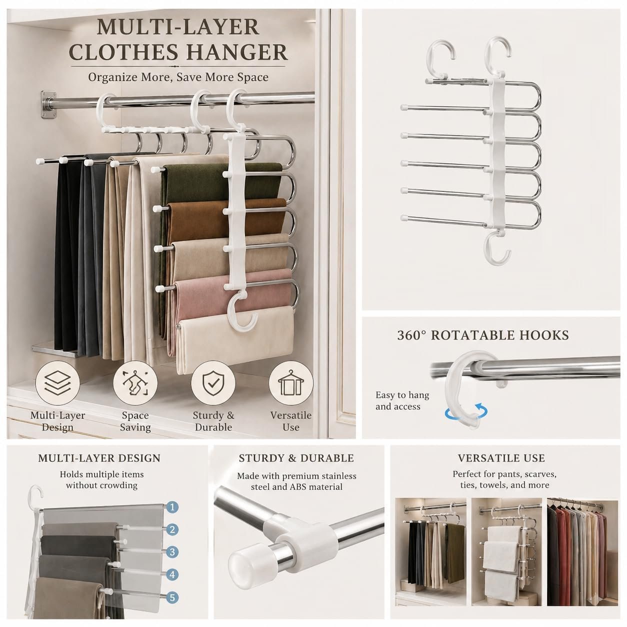 Stainless Steel Foldable Hanger for Clothes Hanging | Space Saving Multi-Layer Clothes Organizer for Pants, Shirts, Sarees & Towels | Heavy Duty Rust-Resistant Wardrobe Hanger - Image 2